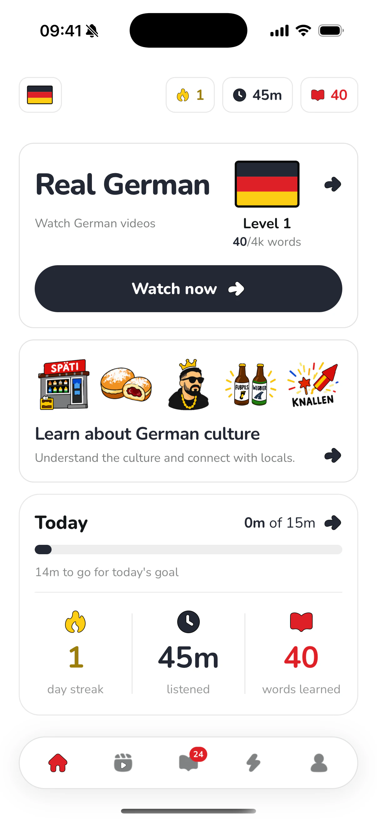 The Club YAP home screen showing a German level and words learned