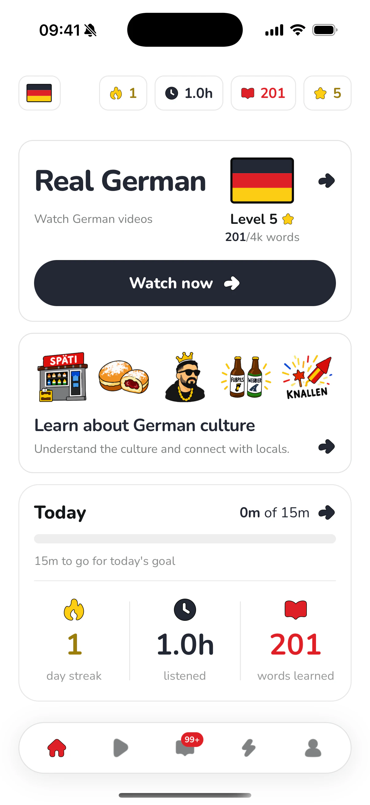 The Club YAP home screen showing a German level and words learned